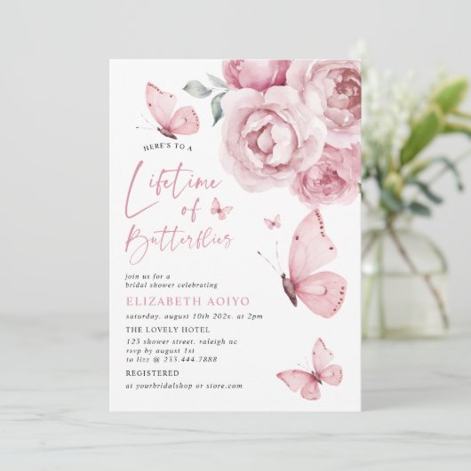 Lebensdauer der Schmetterlinge Rosa Brautparty Einladung (Stehend Vorderseite)