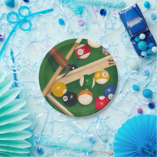 Lebensechte Billard-Tabelle mit Bällen und Kreide Pappteller (Party)