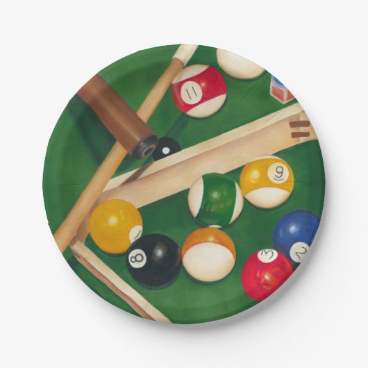 Lebensechte Billard-Tabelle mit Bällen und Kreide Pappteller (Vorderseite)