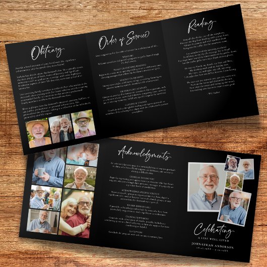 Lebensfeier 14-Foto Schwarz-Weiß-Beerdigung Dreifach-gefaltete Programmkarte