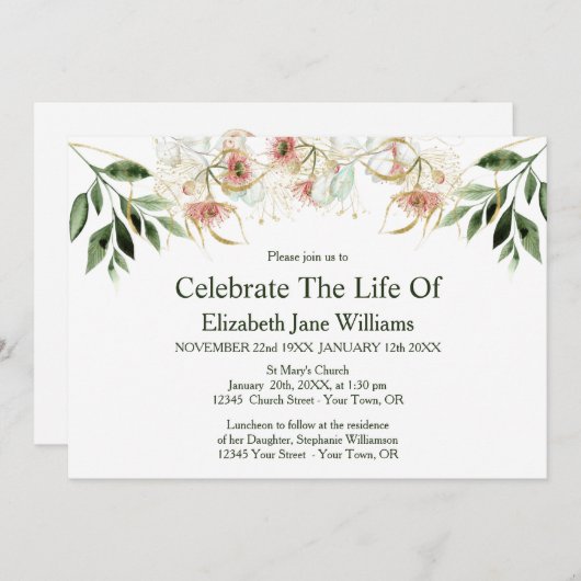 Lebensfeier | Beerdigung Eukalyptus Invitatiation Einladung (Vorne/Hinten)