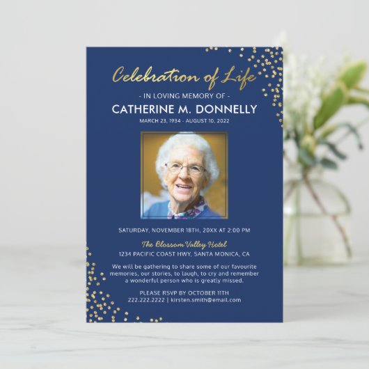 Lebensfeier | Beerdigung Memorial Blue Gold Einladung (Stehend Vorderseite)