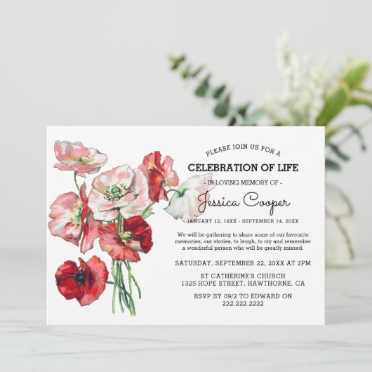 Lebensfeier | Beerdigung von Rotem Mohn mit Wasser Einladung (Stehend Vorderseite)