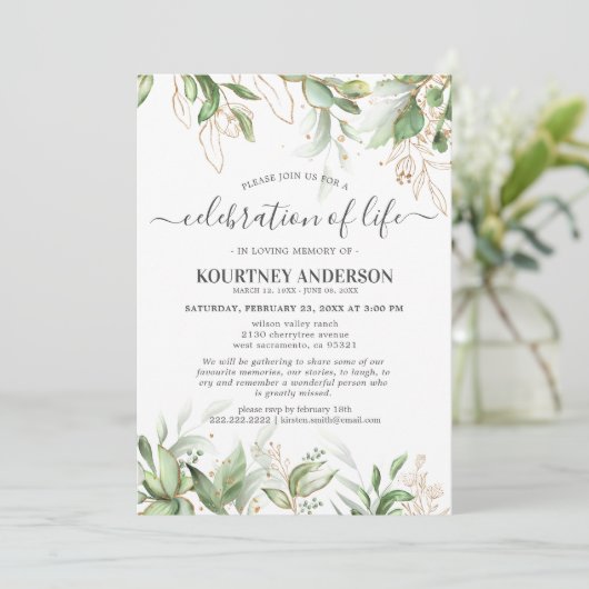 Lebensfeier | Green Gold Memorial Einladung (Stehend Vorderseite)