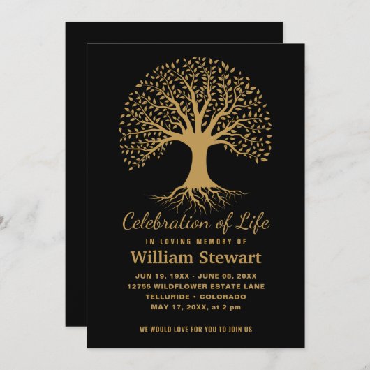 Lebensfeier | Moderner Begräbnisbaum Einladung (Vorne/Hinten)