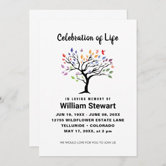 Lebensfeier | Moderner Bestattungsfarbbaum Einladung (Vorne/Hinten)