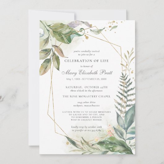 Lebensfeier Modernes grünes Gold Botanisches Einladung (Vorderseite)