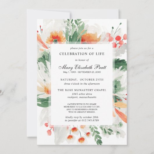 Lebensfeier Orange Weiße Blüte Botanische Feier Einladung (Vorderseite)