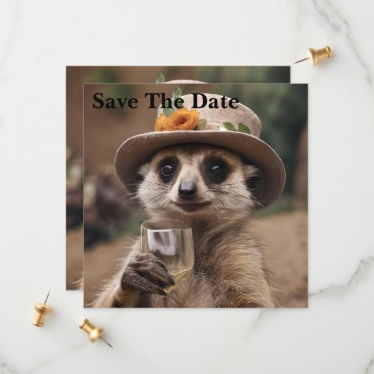 "Lebensfreude: Gran Meerkat genießt Glas Wein Save The Date (Vorderseite/Rückseite Beispiel)