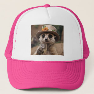 "Lebensfreude: Gran Meerkat genießt Glas Wein Truckerkappe