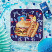 Lebensmittel auf der Platte Rotes Weiß und Blaues Pappteller (Party)