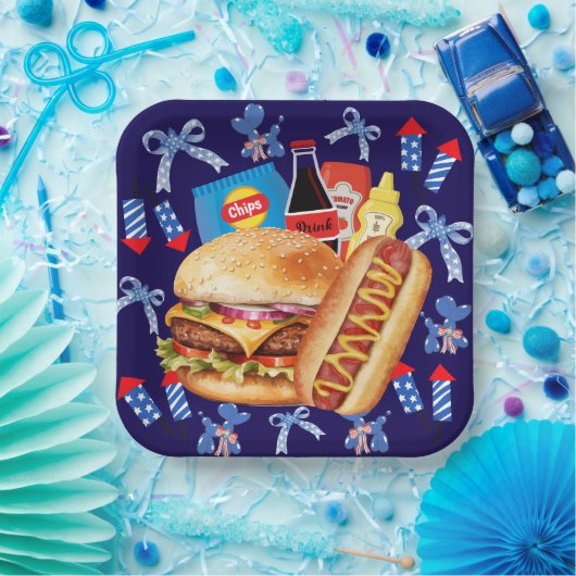 Lebensmittel auf der Platte Rotes Weiß und Blaues Pappteller (Party)