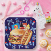 Lebensmittel auf der Platte Rotes Weiß und Blaues Pappteller (Party)