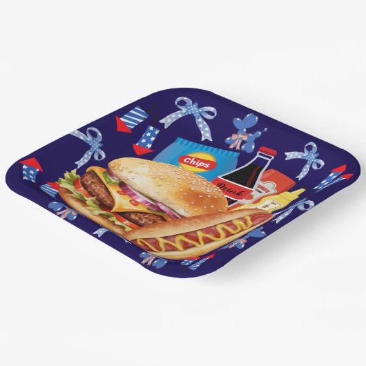 Lebensmittel auf der Platte Rotes Weiß und Blaues  Pappteller (Gewinkelt)