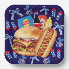 Lebensmittel auf der Platte Rotes Weiß und Blaues Pappteller