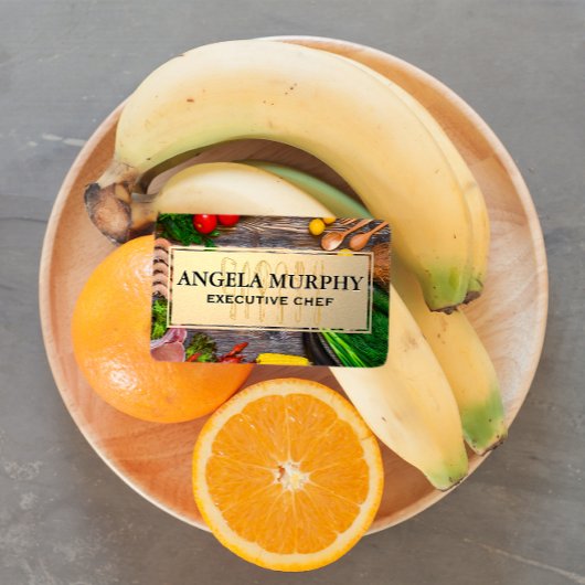 Lebensmittel auf Holztisch | Goldrahmen | Küchenge Visitenkarte