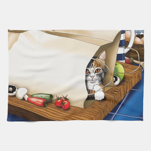 Lebensmittel Papiertüte Katze Ktichen Blue Geschirrtuch (Horizontal)