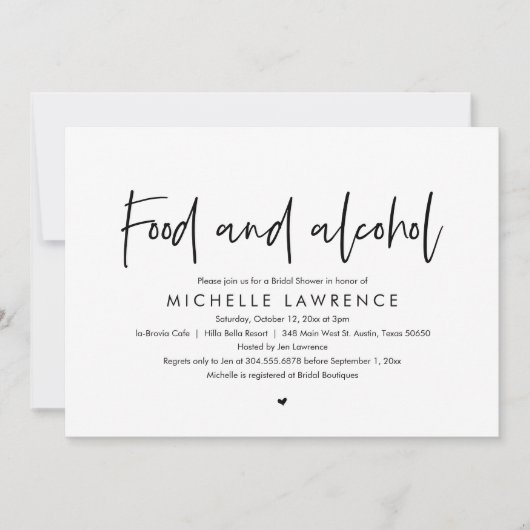 Lebensmittel und Alkohol, modernes Lässiges Brautp Einladung (Vorderseite)