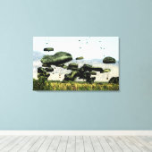 Lebensmittel- und Wassermengen werden in Luft geli Leinwanddruck (Insitu (Holzboden))