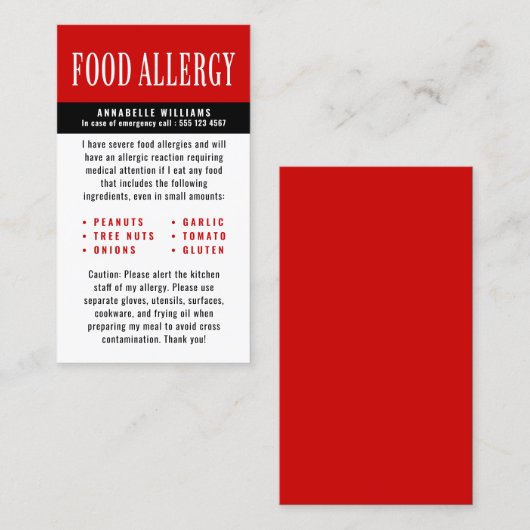 Lebensmittelallergie Telefonnummerkarte (Vorne/Hinten)