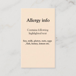 Lebensmittelallergie-Warnung Name hinzufügen Text  Visitenkarte