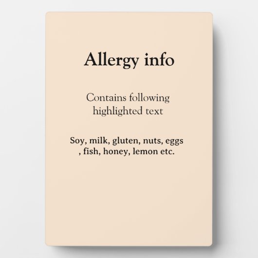 Lebensmittelallergie-Warnung Name Text Lebensmitte Fotoplatte (Vorderseite)