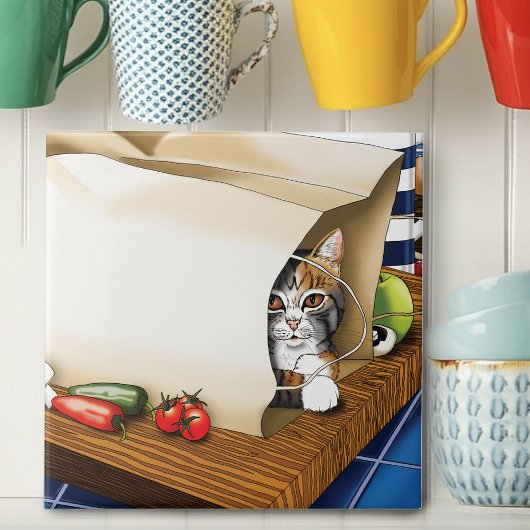 Lebensmittelgeschäft Papiertasche Katze Küche Blau Fliese