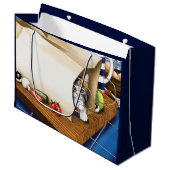 Lebensmittelgeschäft Papiertasche Katze Küche Blau Große Geschenktüte (Vorderseite Schrägansicht)