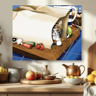 Lebensmittelgeschäft Papiertasche Katze Küche Blau Poster