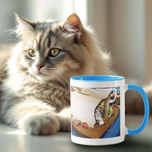 Lebensmittelgeschäft Papiertasche Katze Küche Blau Tasse