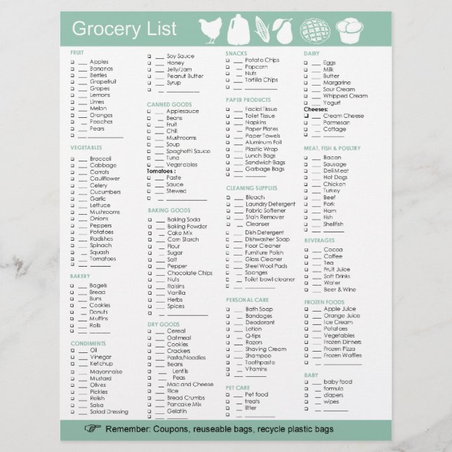 Lebensmittelliste, Papier, Reinigungsmittel usw. (Vorderseite)