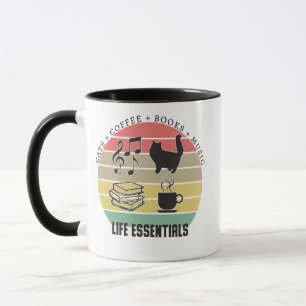Lebensnotwendigkeiten Katzen, Kaffee, Bücher, Musi Tasse