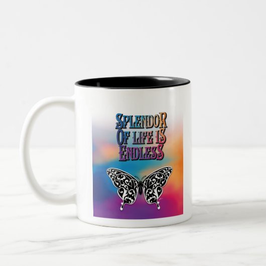 Lebenspflege mit Schmetterling Zweifarbige Tasse (Links)