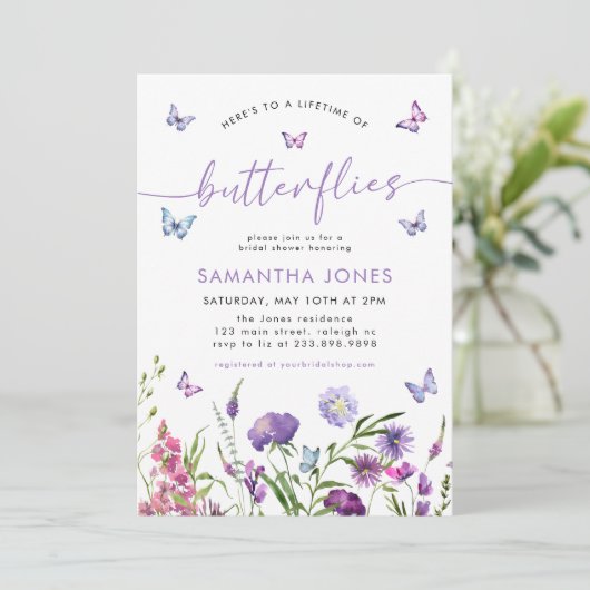 Lebenszeit der Schmetterlinge Wildblumen Brautpart Einladung (Stehend Vorderseite)