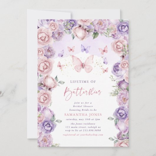 Lebenszeit Schmetterlinge Rosa Lila Brautparty Einladung (Vorderseite)