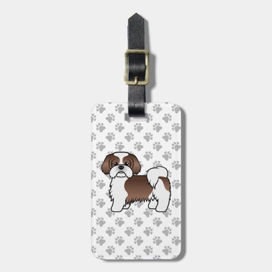 Leber- und Weißschiff-Tzu-Karikaturenhund mit benu Gepäckanhänger (Vorderseite vertikal)