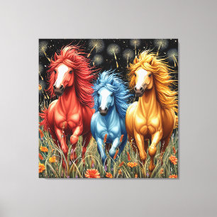 Lebhaft gefärbte Pferde galoppieren durch ein Feld Leinwanddruck