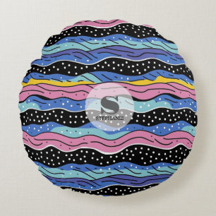 Lebhafte Abstrakte Wavy-Linien mit Polka-Punkten Rundes Kissen