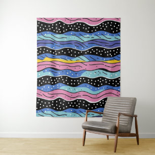 Lebhafte Abstrakte Wavy-Linien mit Polka-Punkten Wandteppich