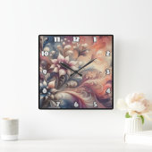 Lebhafte Abstrakte Wirbel mit Blumen Quadratische Wanduhr (Zuhause)