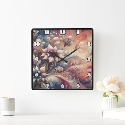 Lebhafte Abstrakte Wirbel mit Blumen Quadratische Wanduhr (Zuhause)