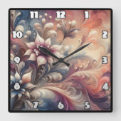 Lebhafte Abstrakte Wirbel mit Blumen Quadratische Wanduhr (Vorderseite)