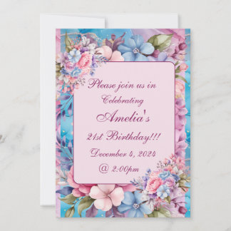 Lebhafte Aqua & Pink Flora Einladung zum Geburtsta