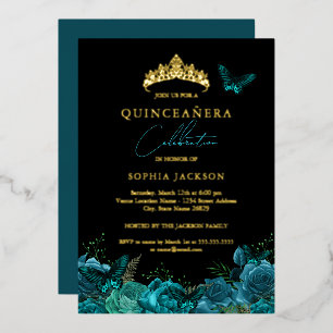 Lebhafte Aquamarine Blaue Schmetterling Quinceaner Folieneinladung