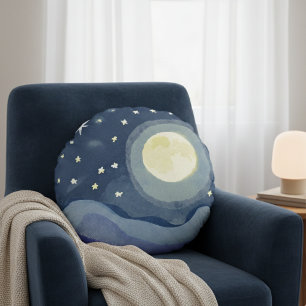 Lebhafte Aquarellbahn Moon Star Shinting Round Pil Rundes Kissen