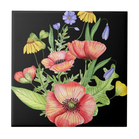 "Lebhafte Aquarellfarben-Wildblumen auf schwarzer  Fliese (Vorderseite)
