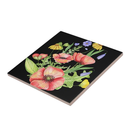 "Lebhafte Aquarellfarben-Wildblumen auf schwarzer Fliese (Seite)