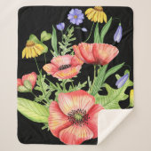 "Lebhafte Aquarellfarben-Wildblumen auf schwarzer Sherpadecke (Vorderseite)