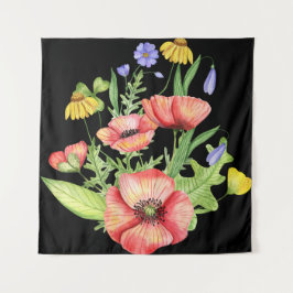 "Lebhafte Aquarellfarben-Wildblumen auf schwarzer  Wandteppich