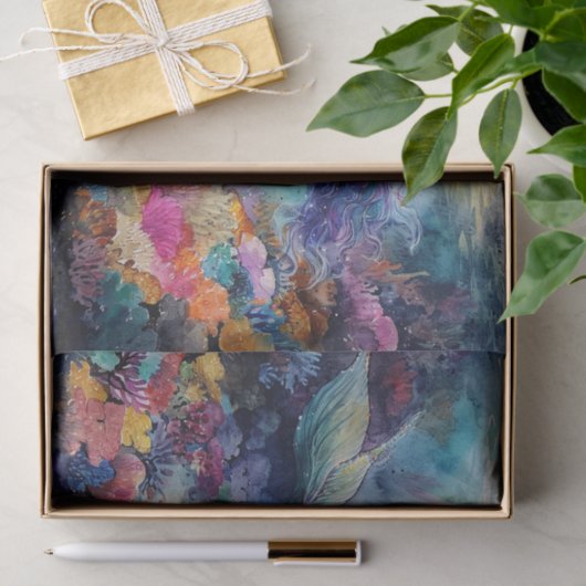 Lebhafte Aquarellmaid in einer Korallenlagune Seidenpapier (Geschenk)